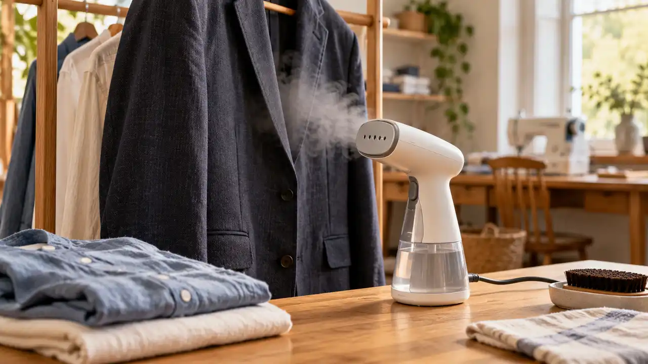 Handheld Steamer for Clothes in a fabric-care setup