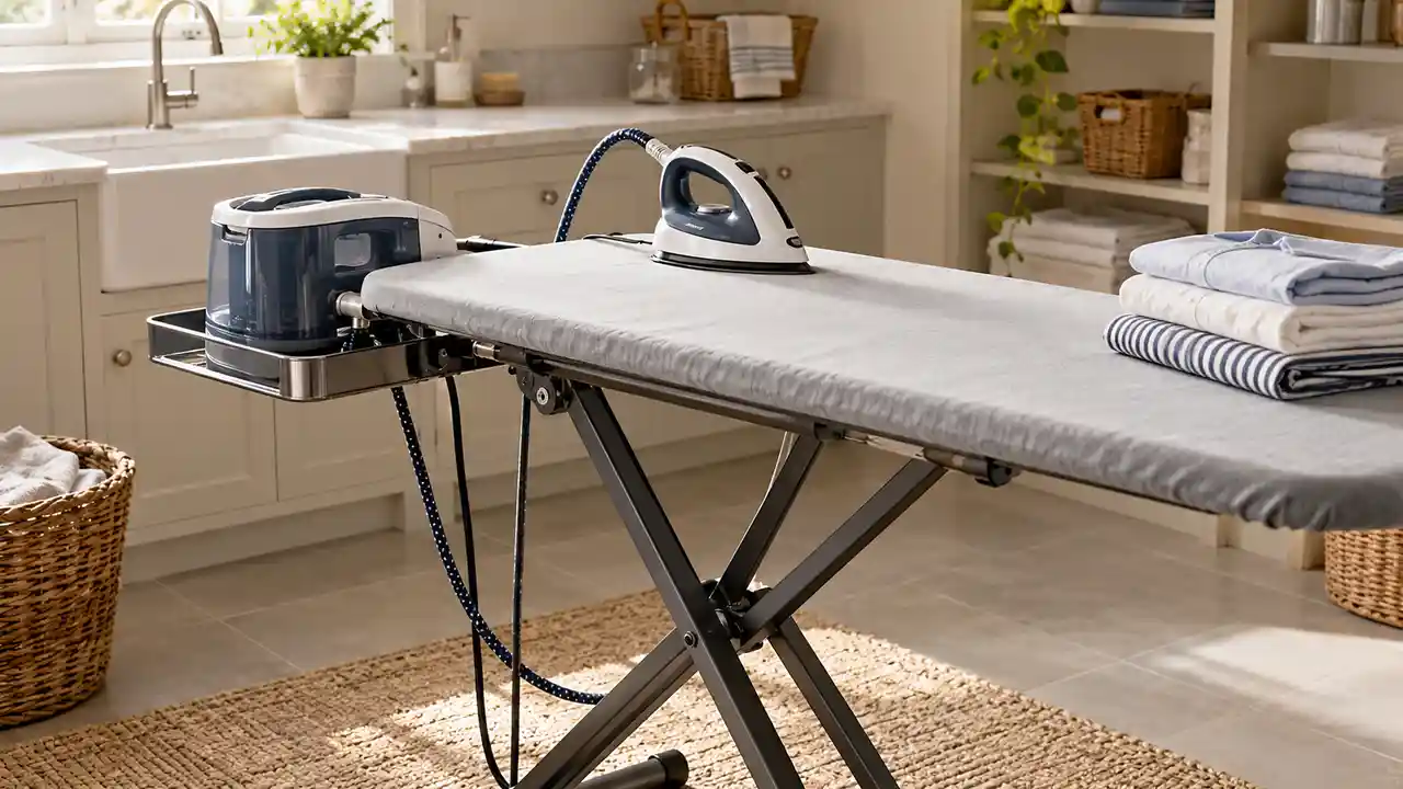 Sturdy ironing board with a separate support tray for a steam generator