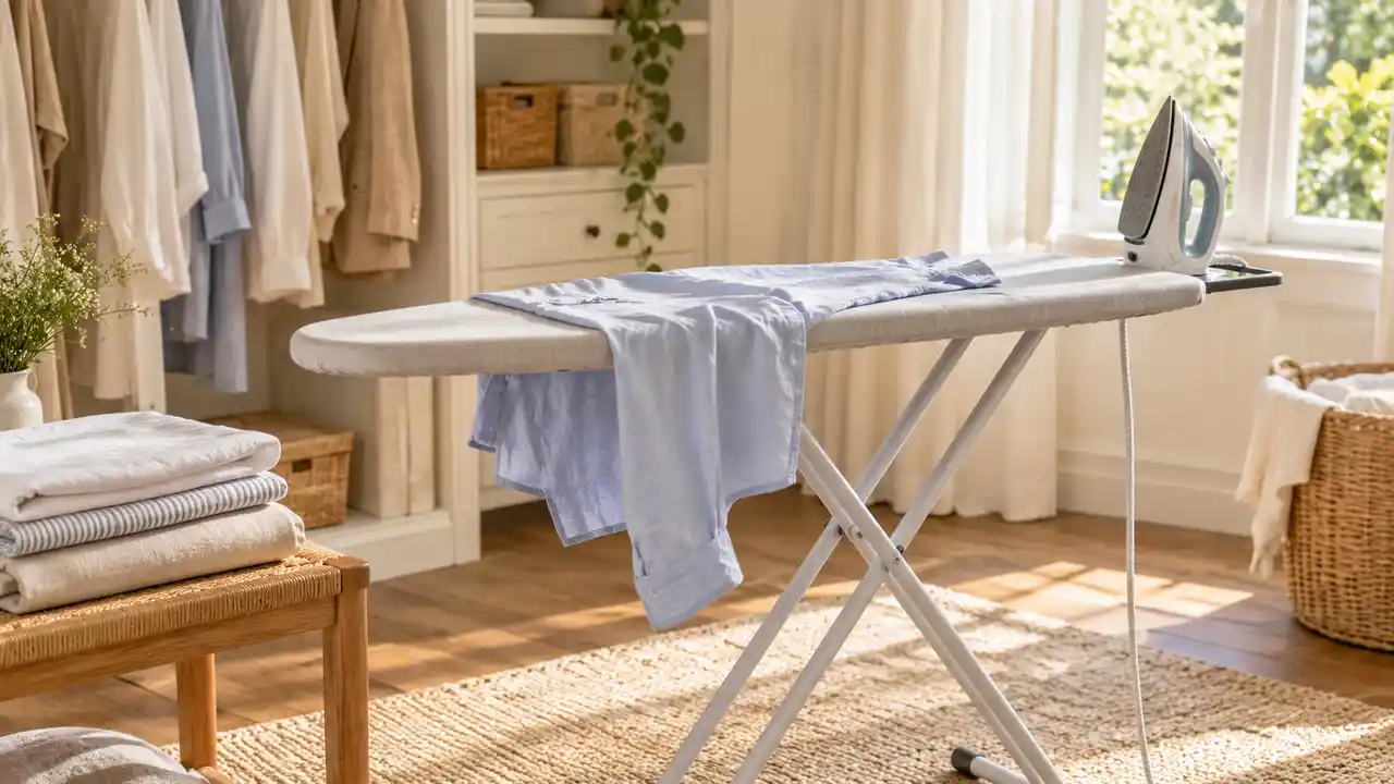 Lightweight folding ironing board in a bright room