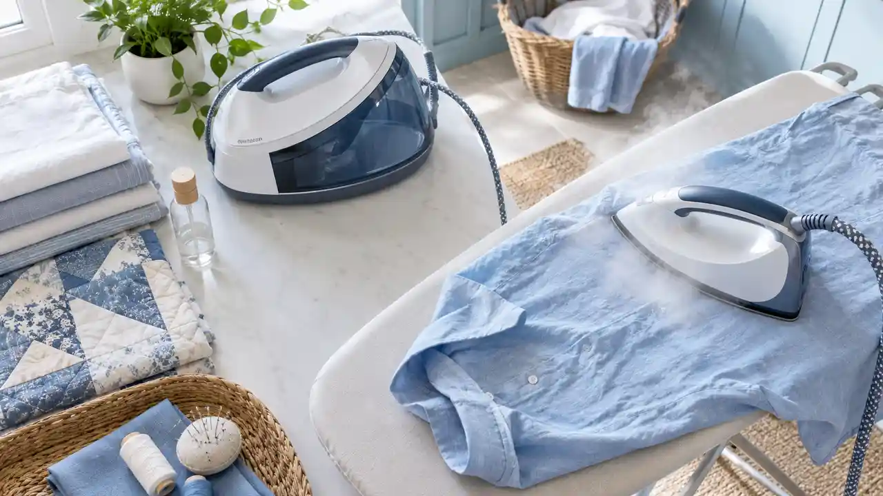 Steam generator iron with a separate water tank beside a cotton shirt