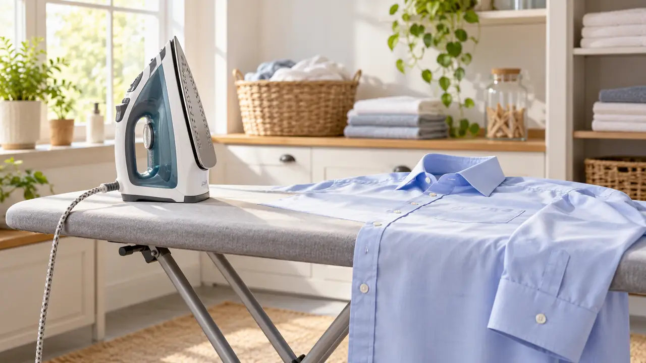 Steam iron beside a freshly pressed blue cotton shirt on an ironing board