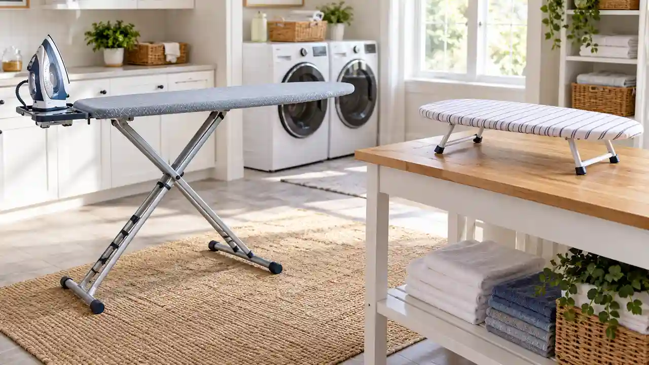 Full-size adjustable ironing board and compact tabletop board showing their support structures