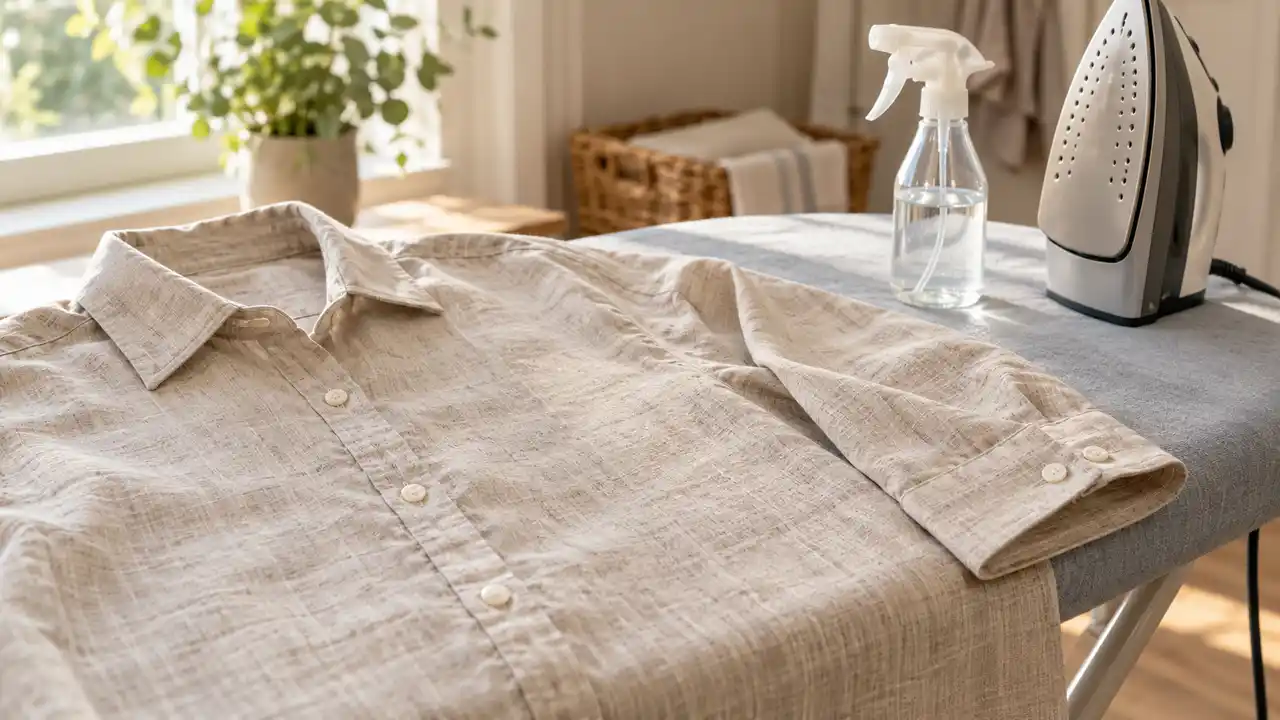 Linen shirt arranged on an ironing board beside an upright iron and water spray bottle