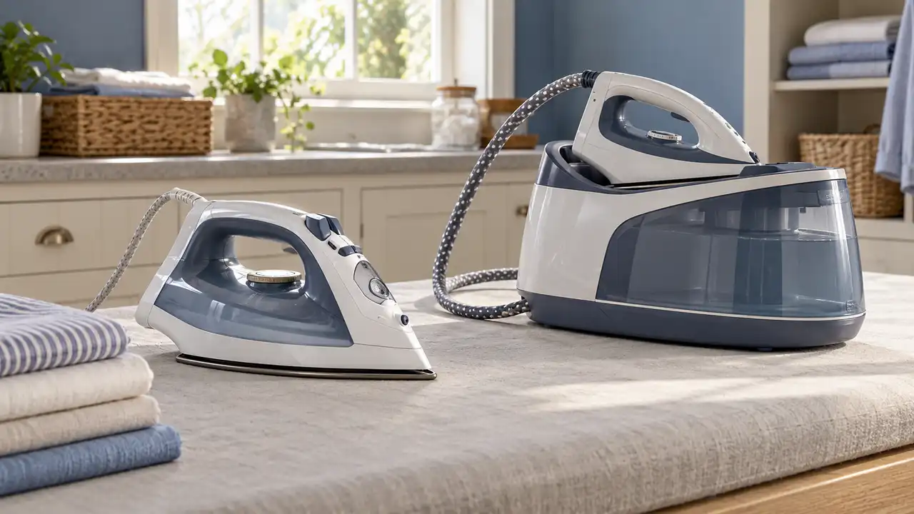 Conventional steam iron beside a separate-tank steam generator with a connecting hose