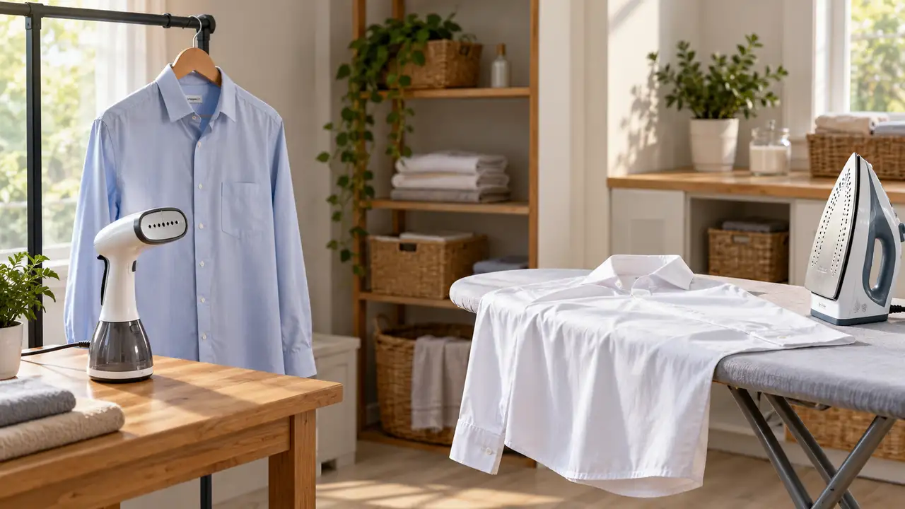 Handheld clothes steamer and steam iron beside hanging and laid-flat shirts